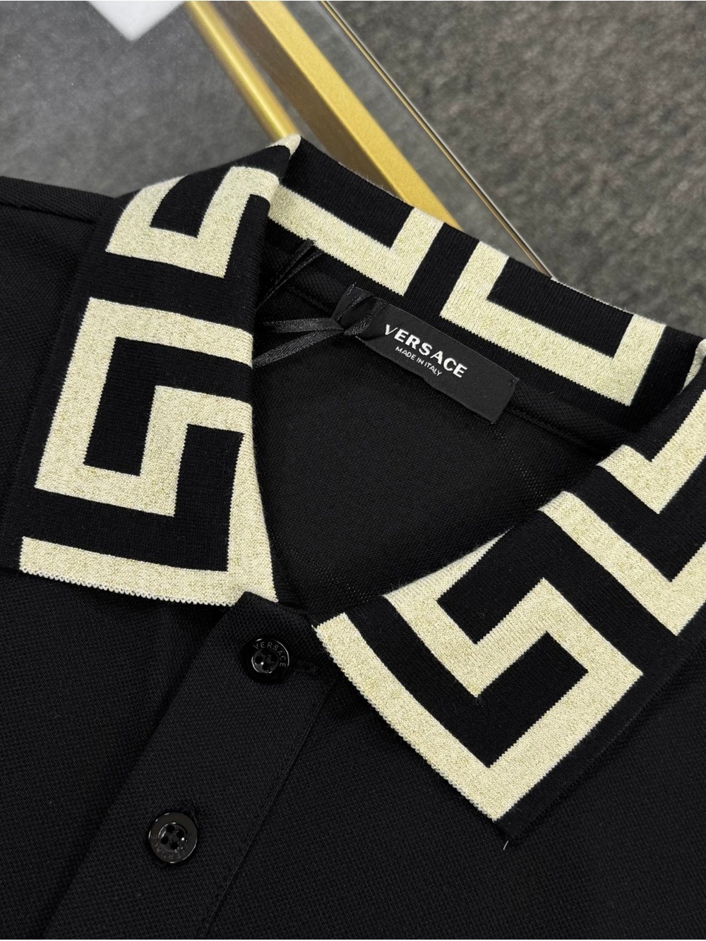 Versace Black Polo with Cream Geometric Collar and Gold Medusa Emblem - Picture 4 of 6